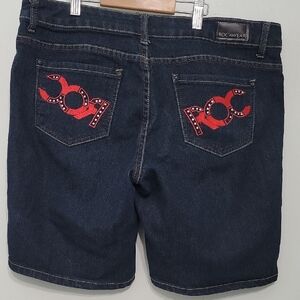 Rocawear Vintage Women's Dark Denim Shorts with Red Detailing Size 15